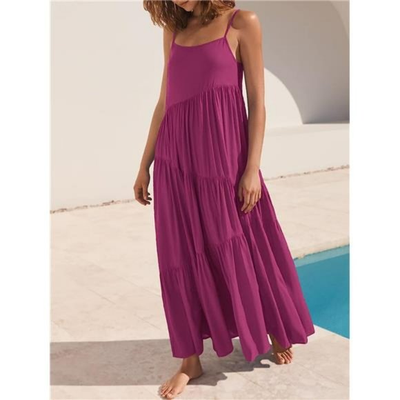 Women' Loose Dress Spaghetti Strap Beach Cover Up Long Cami Maxi Dresses - Picture 4 of 4